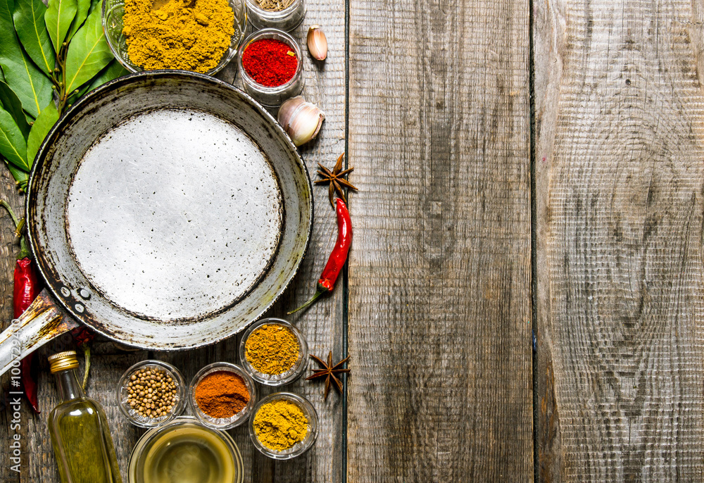 Empty frying pan with aromatic spices and herbs. Empty frying pan with aromatic spices and herbs.