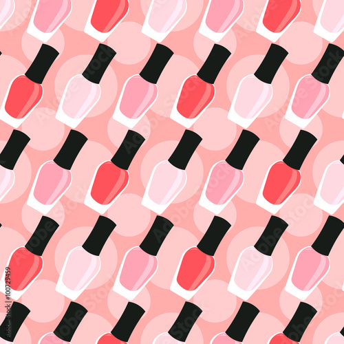 Nail lacquer or nail polish seamless pattern. Light pink, pink and red nail lacquers or nail polishes in seamless pattern with circles on a background