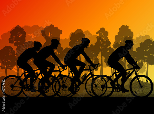 Bicyclist riding bicycle group marathon background silhouette ve
