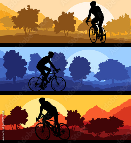 Bicyclist riding bicycle background silhouette vector illustrati