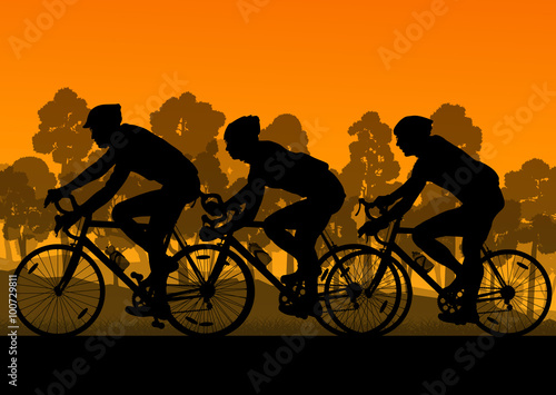 Bicyclist riding bicycle group marathon background silhouette ve