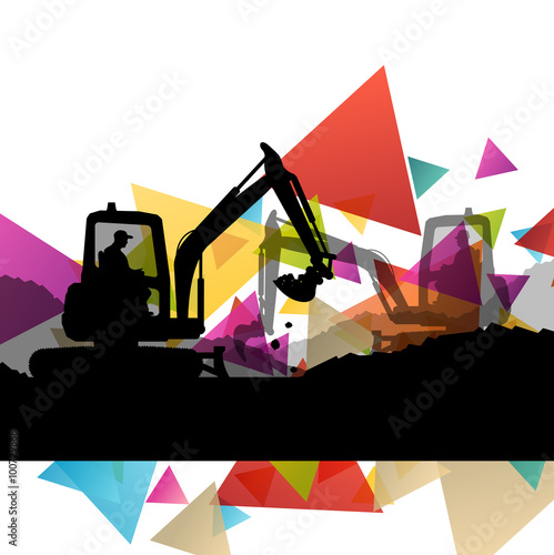 Construction site excavators and diggers with tractors and bulld