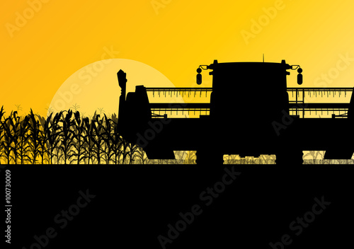 Corn field harvesting with combine harvester yellow abstract rur