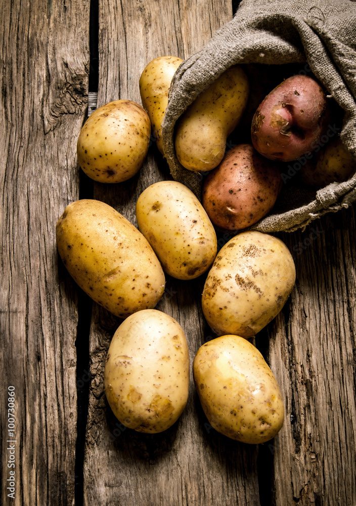 Fresh potatoes in an old sack on wooden background Fresh potatoes in an old sack on wooden background