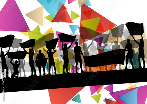 People silhouettes of cheering or protesting man and women with