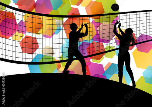 Volleyball player silhouettes in sport abstract vector backgroun