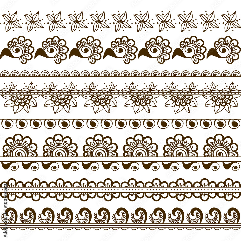 Fototapeta premium Vector set of hand drawn borders in ethnic indian style. Collection of pattern brushes inside