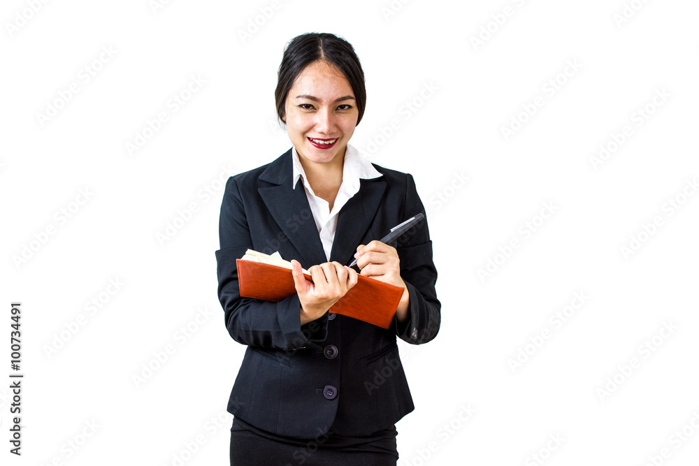 Happy Businesswoman Taking Notes. Isolated on White Background Happy Businesswoman Taking Notes. Isolated on White Background