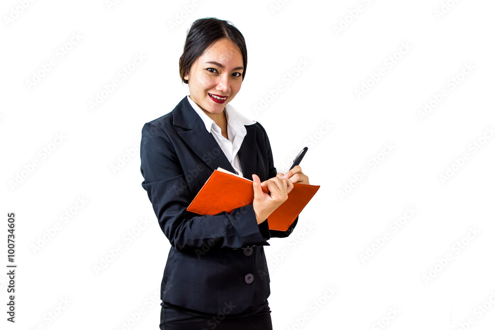 Happy Businesswoman Taking Notes. Isolated on White Background Happy Businesswoman Taking Notes. Isolated on White Background
