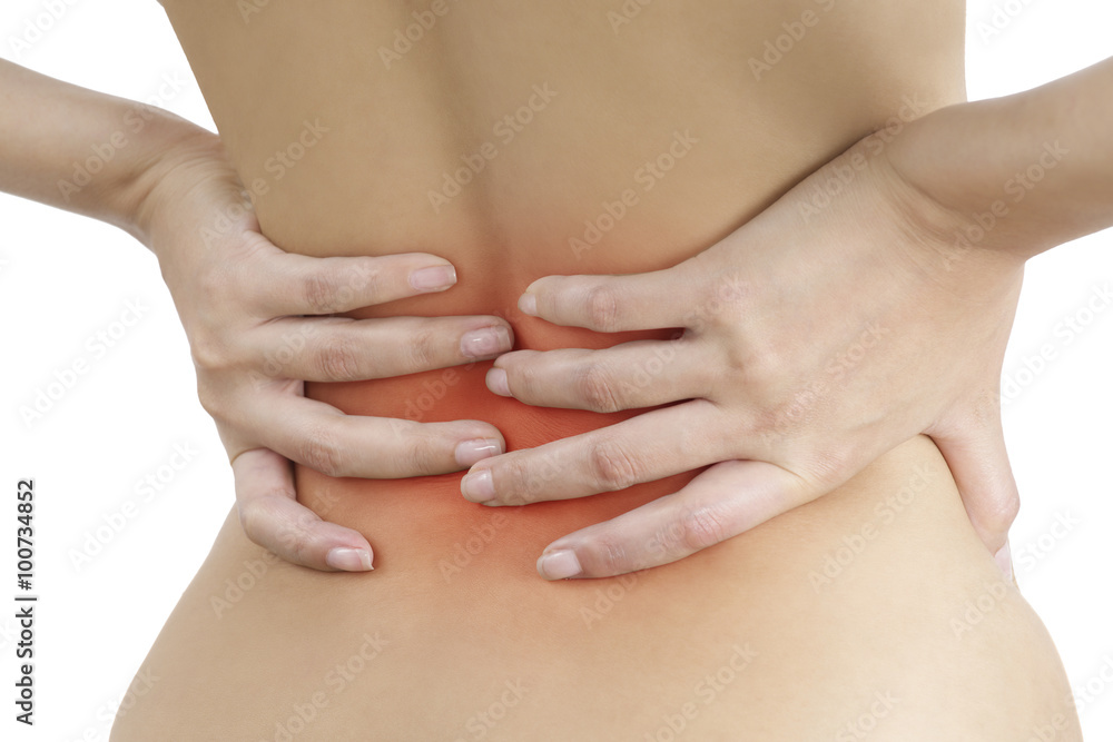 A woman holding her back in pain, with red highlighted on pain area on a white background