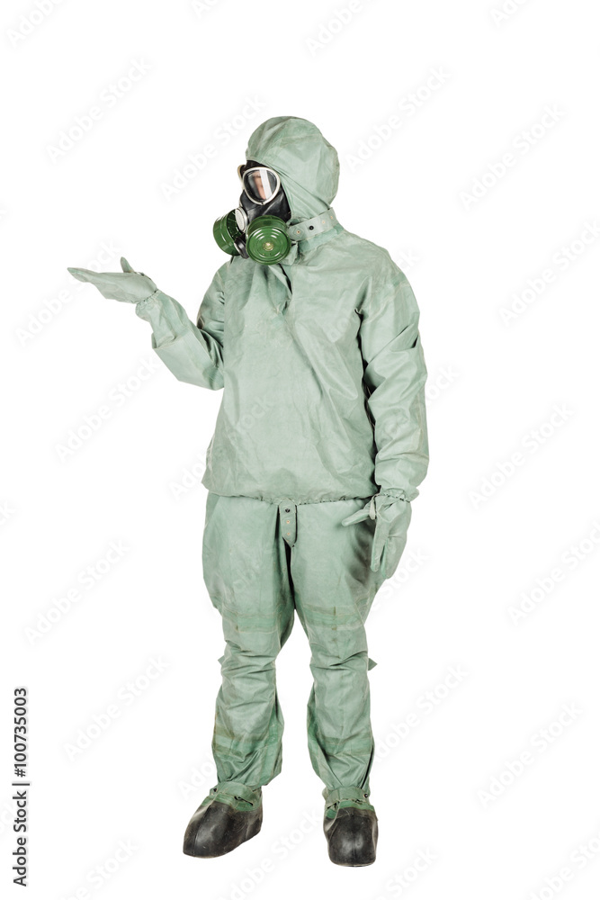 .Man with protective mask and protective clothes presenting copy .Man with protective mask and protective clothes presenting copy