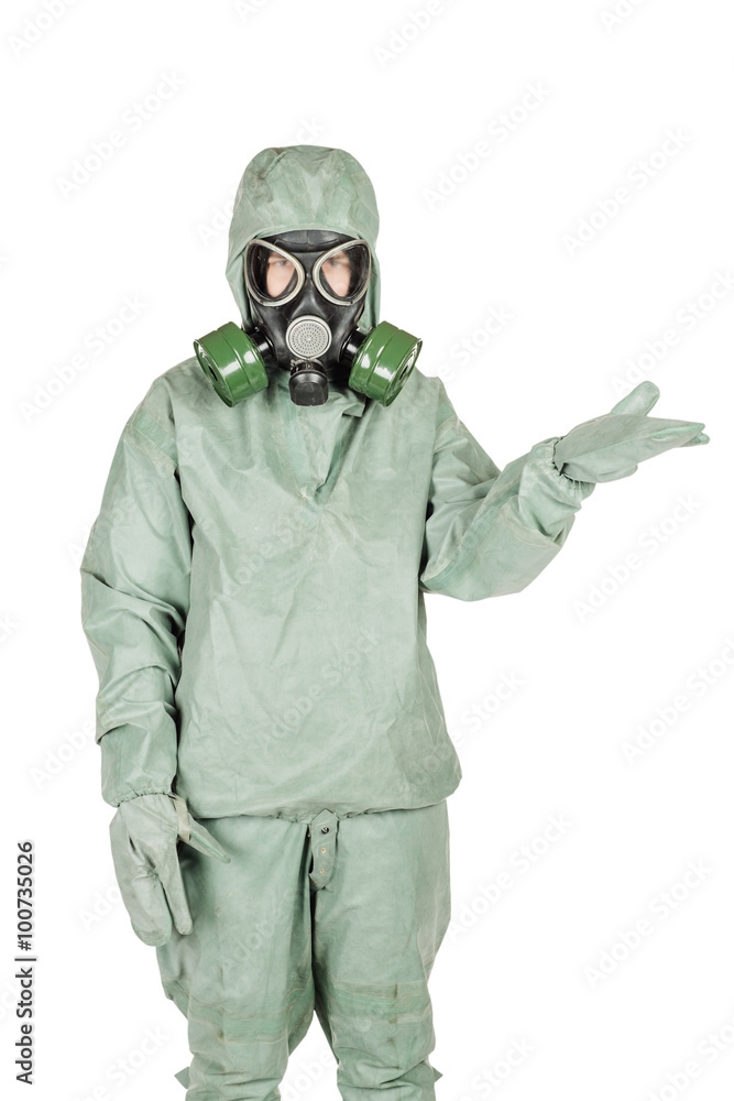 .Man with protective mask and protective clothes presenting copy .Man with protective mask and protective clothes presenting copy