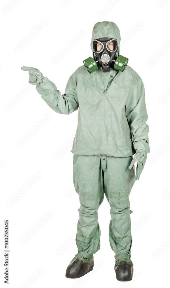 .Man with protective mask and protective clothes presenting copy