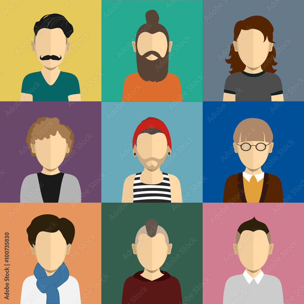 People icons set in flat style with faces of men and boys People icons set in flat style with faces of men and boys