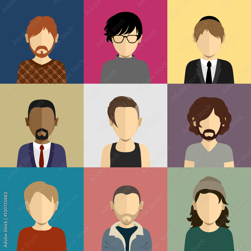 People icons set in flat style with faces of men and boys People icons set in flat style with faces of men and boys
