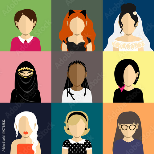 People icons set in flat style with faces of women and girls