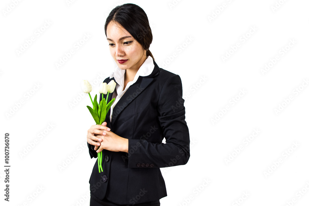 Asian Business woman hold Tulip flower Asian Business woman hold Tulip flower