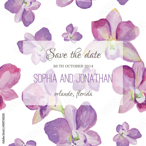 Wedding invitation watercolor with orchid flowers.