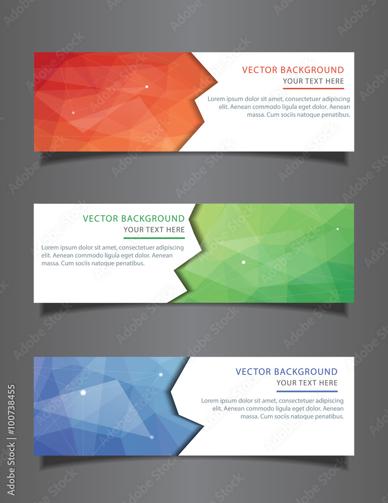 Set of threes modern design banners template with abstract triangle polygon background  elements in three colors blues,green, red.