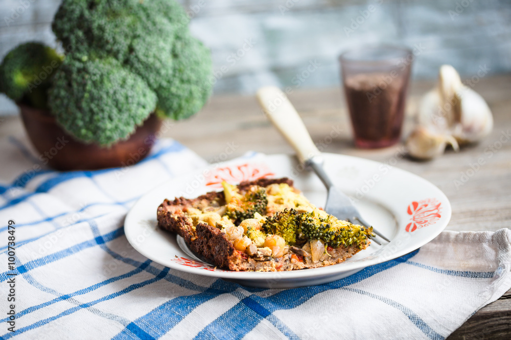 vegan pizza pie with broccoli, mushrooms and chickpeas dough wit vegan pizza pie with broccoli, mushrooms and chickpeas dough wit