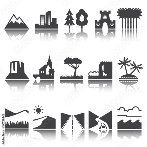 Terrain, locality icon. vector set. shadow reflection.