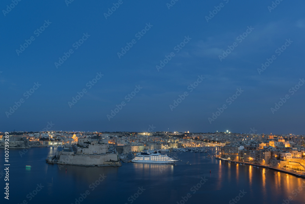 view on Valletta Grand harbor in night time
