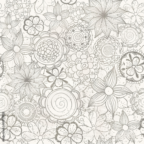 Vector floral abstract hand-drawn background with flowers and grunge effects.