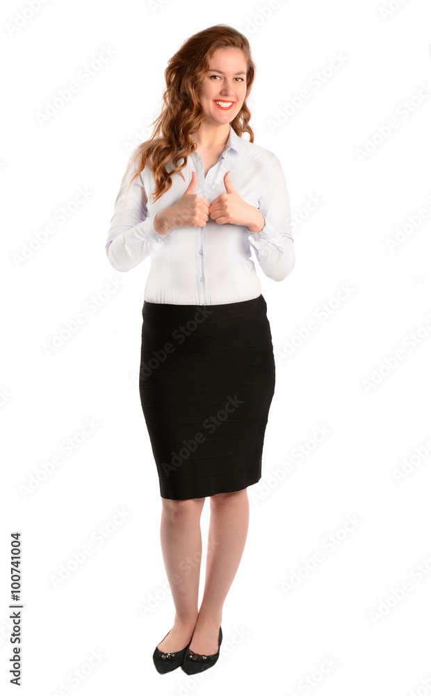 Portrait of attractive caucasian smiling woman isolated on white studio shot looking at camera thumb up Portrait of attractive caucasian smiling woman isolated on white studio shot looking at camera thumb up