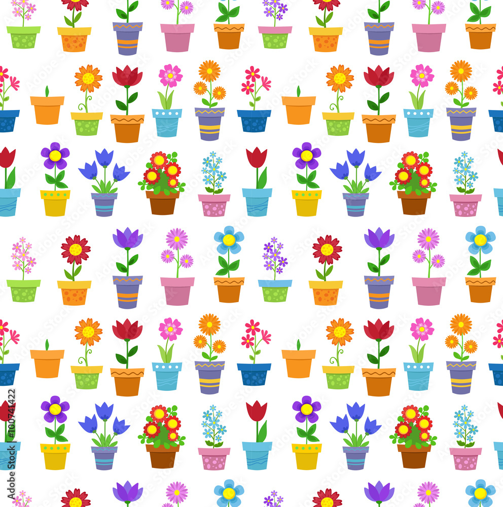 Seamless flowers in pots background pattern. Seamless flowers in pots background pattern.