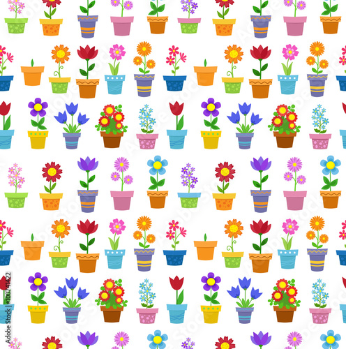 Fototapeta Naklejka Na Ścianę i Meble -  Seamless flowers in pots background pattern. 