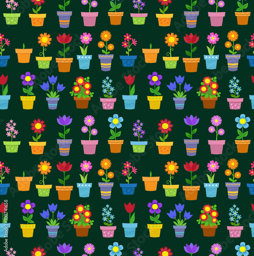 Seamless flowers in pots background pattern. 