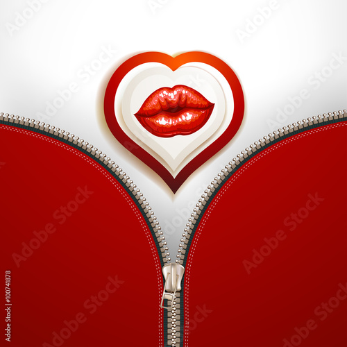 Beautiful glossy female lips with metallic zipper