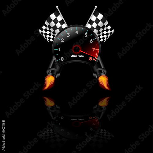 Racing theme with reflections. Many objects included like flag, tachometer, exhaust. Vector illustration.