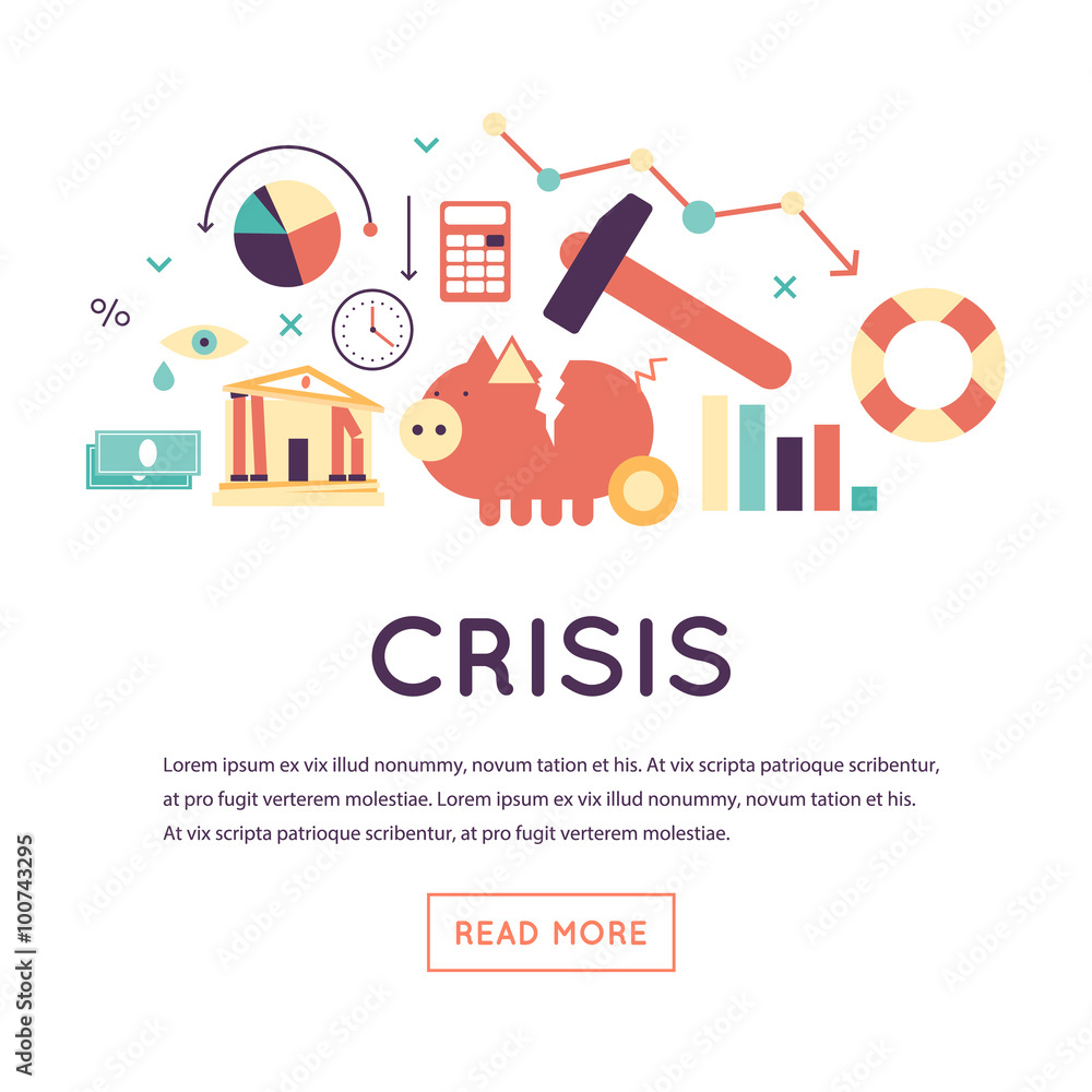 Crisis economic, falling graph of a stock market, financial crisis, bankruptcy. Flat design vector illustration isolated on white background.