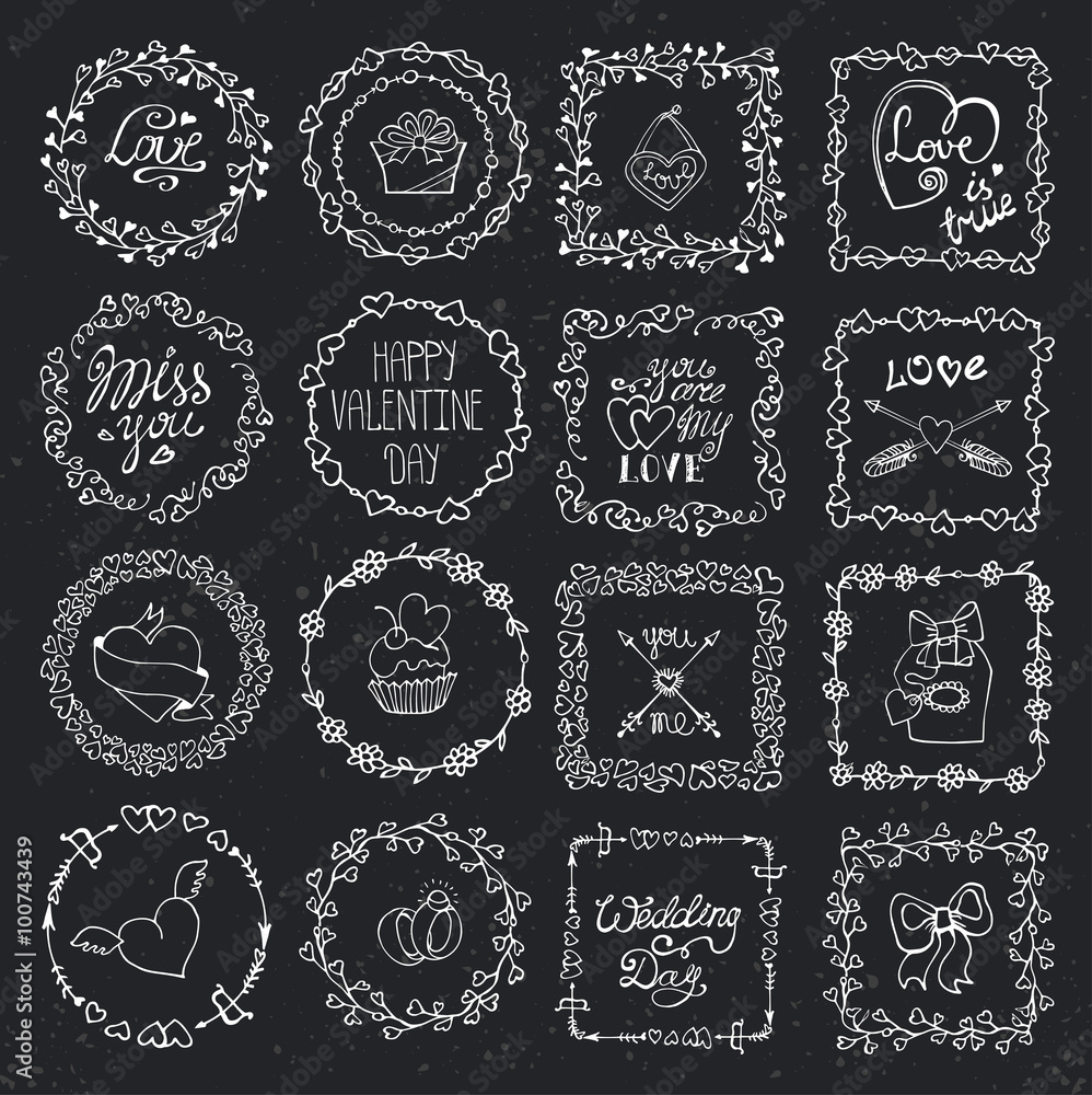 Love heart doodle brushes.Valentine,wedding frame.Chalk Love heart doodle brushes.Valentine,wedding frame.Chalk