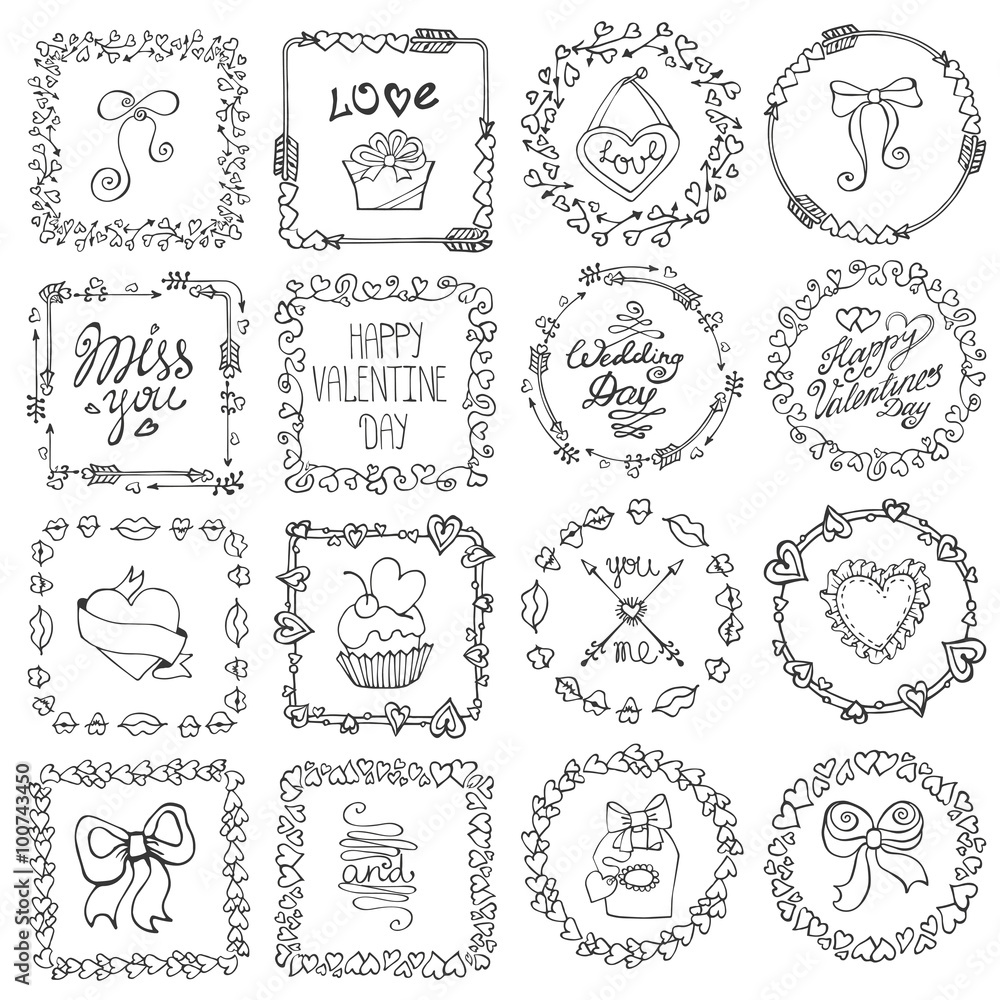Love heart doodle brushes.Valentine,wedding frame.Black Love heart doodle brushes.Valentine,wedding frame.Black