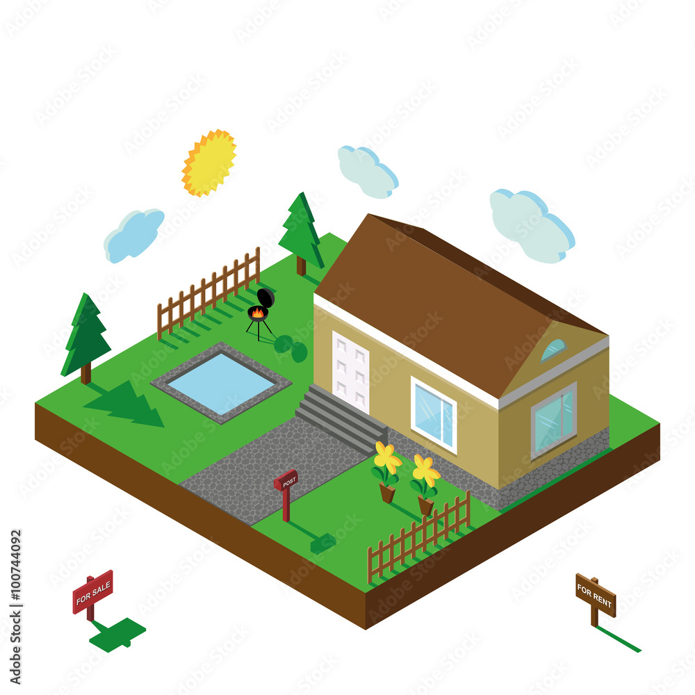 Fototapeta premium Isometric house.3D Village landscape,summer yard