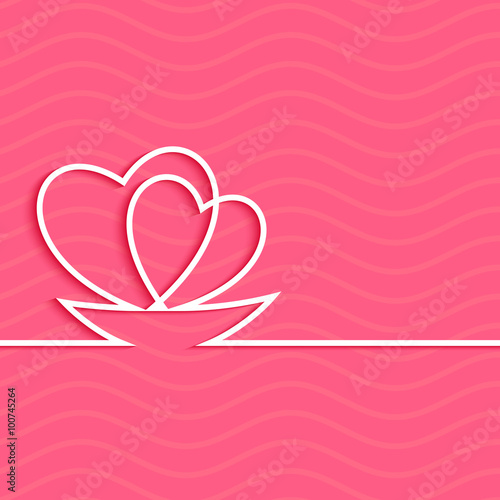 Two hearts in a boat.
Valentine card with hearts in a boat drawn by a single white solid line with shadow.