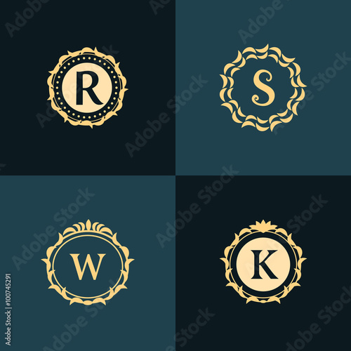 Monogram design elements, graceful template. Elegant line art logo design. Emblem Letter R, S, W, K. Retro Vintage Insignia or Logotype. Business sign, identity, label, badge, Cafe, Hotel. Vector