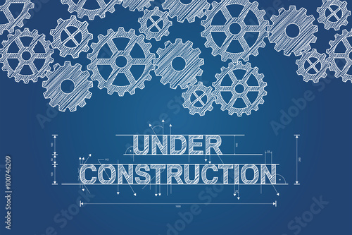 Under construction blueprint concept, sketched drawing with gear wheels. Technical drawing, scribble style. Vector illustration.