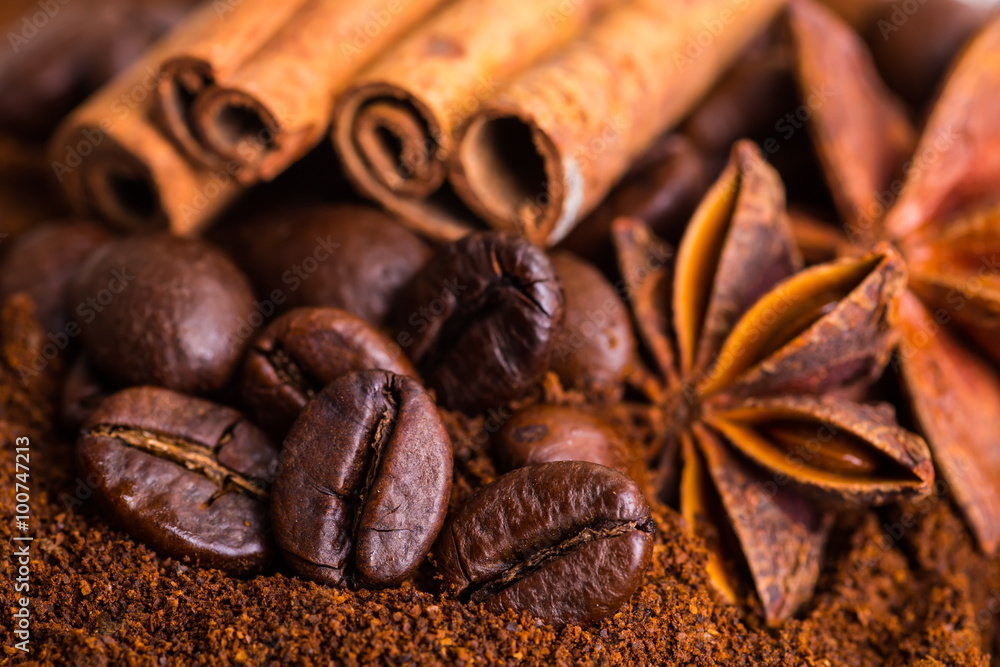 Close-up of coffee beans on pile of roasted coffee. Coffee beans Close-up of coffee beans on pile of roasted coffee. Coffee beans