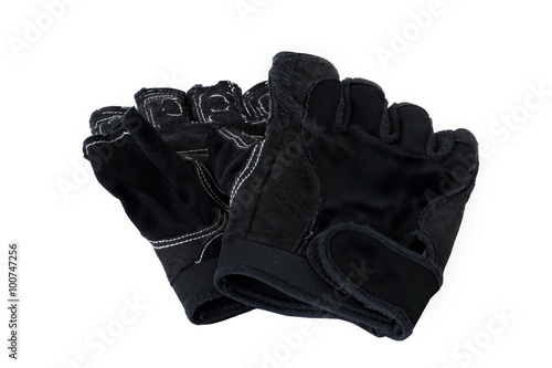 Gloves leather black rough used on white isolated background