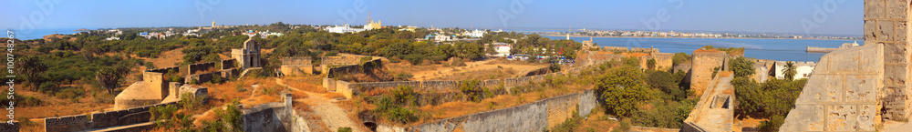 Panoramic view of Diu and Ghoghola from the wall of Diu fort.. Diu, India