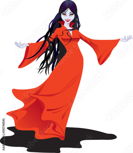 Beautiful female vampire in a red, flowing gown