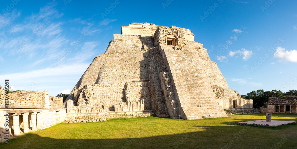 Panoramic view of prehistoric Mayan pyramid in Uxmal