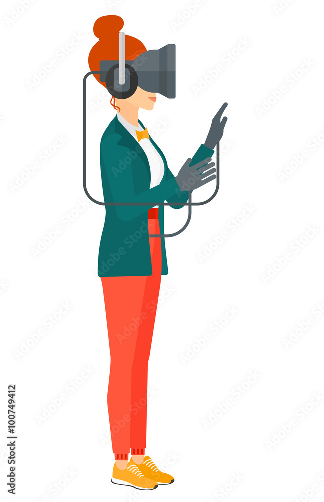Woman wearing virtual reality headset. Woman wearing virtual reality headset.