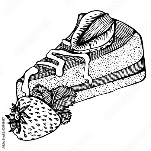 piece of cake with strawberries monochrome drawing