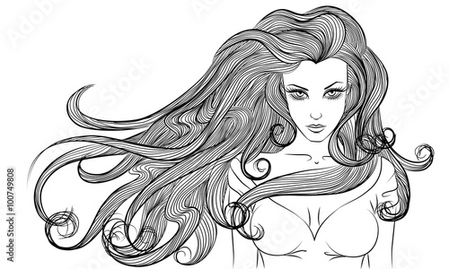 young long hair woman outline monochrome drawing