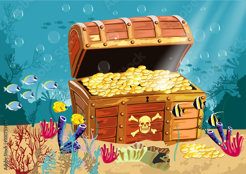 Underwater scenery with an open pirate treasure chest