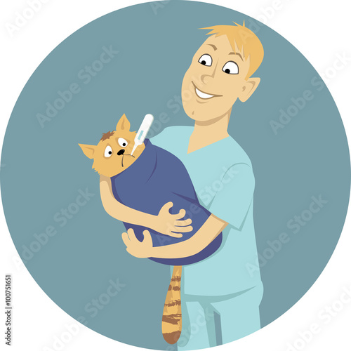 Smiling man in scrubs holding a cat with a thermometer in it's mouse, wrapped in a blanket, EPS 8 vector illustration, no transparencies
